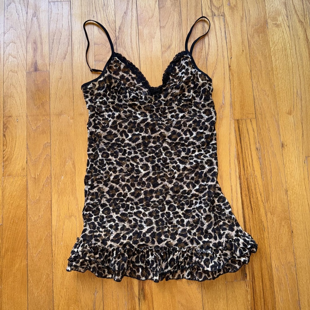 Victoria's Secret Chemise L Brown Leopard Mesh Lace Ruffle Hem‎ Nightgown Sleep